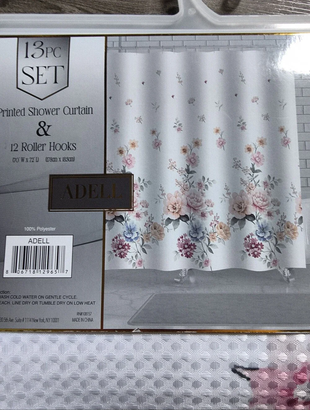 Floral Printed Shower Curtain with Roller Hooks - White & Peach